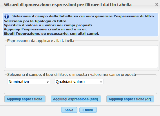 Wizard di generazione espressioni per filtrare i dati in tabella