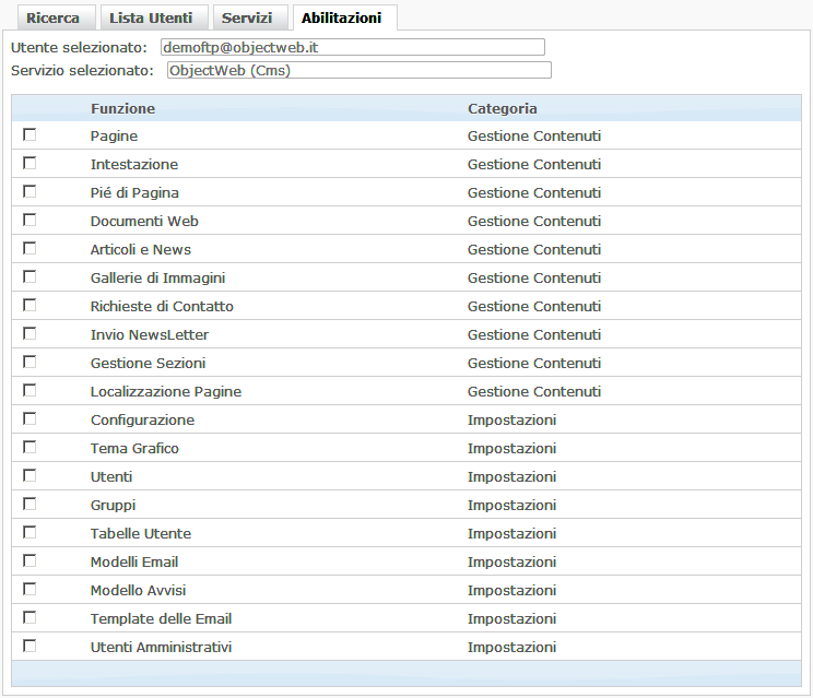 Icone del servizio selezionato