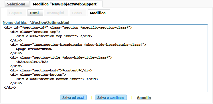 Modifica file del template