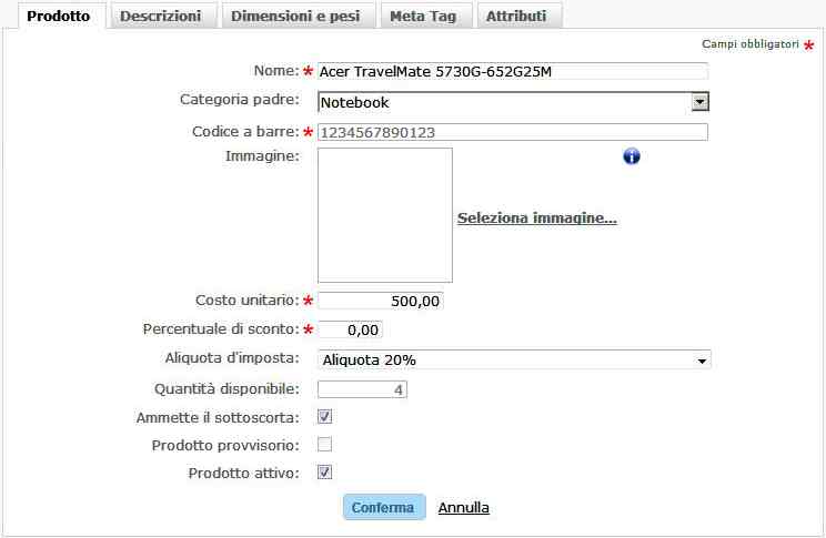 Modifica dati principali prodotto