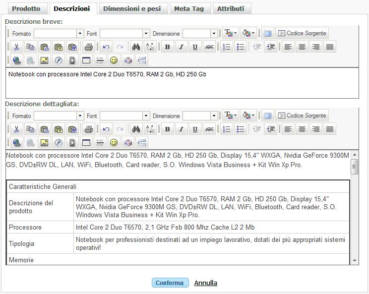 Modifica descrizioni prodotto