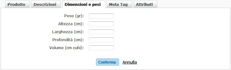 Modifica dimensioni e pesi prodotto