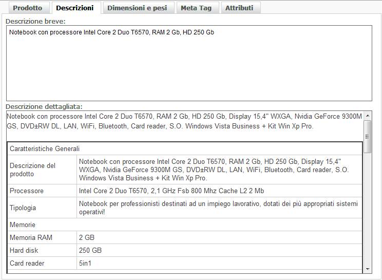 Descrizioni del prodotto