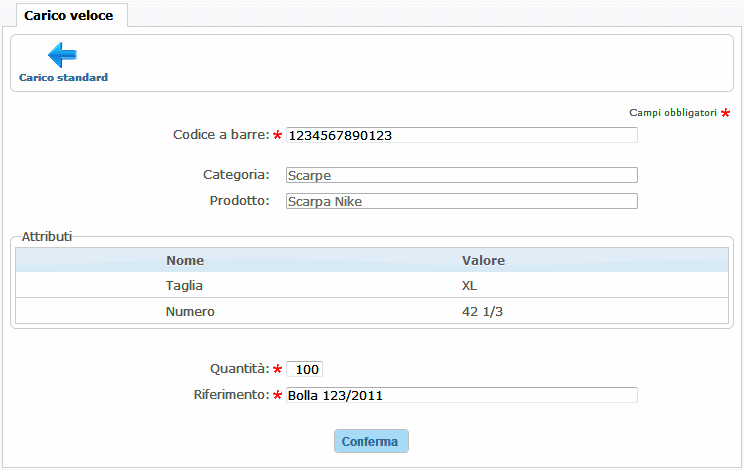 Carico magazzino con lettore di codice a barre