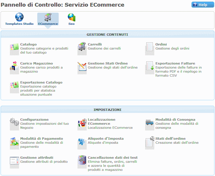 Pannello di controllo ECommerce