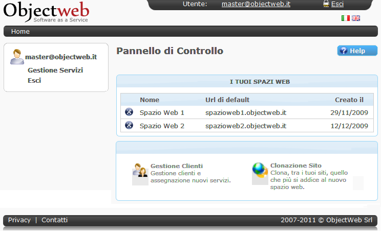 Home page del pannello amministrativo