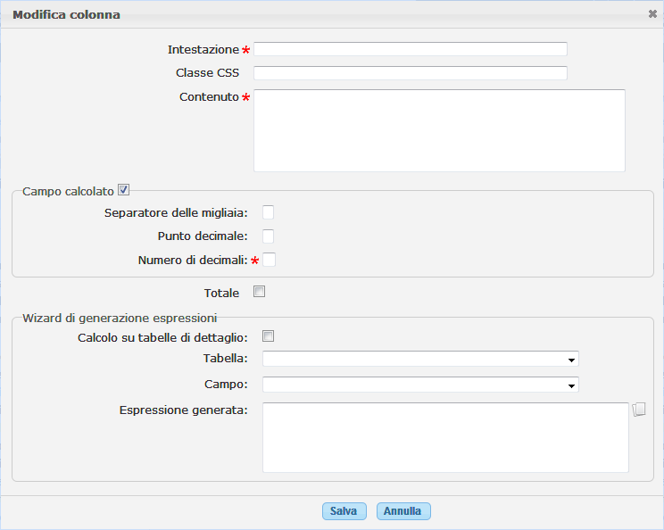 Configurazione colonna di griglia personalizzata