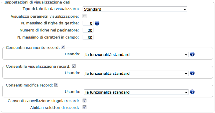 Parametri di visualizzazione dati in tabella